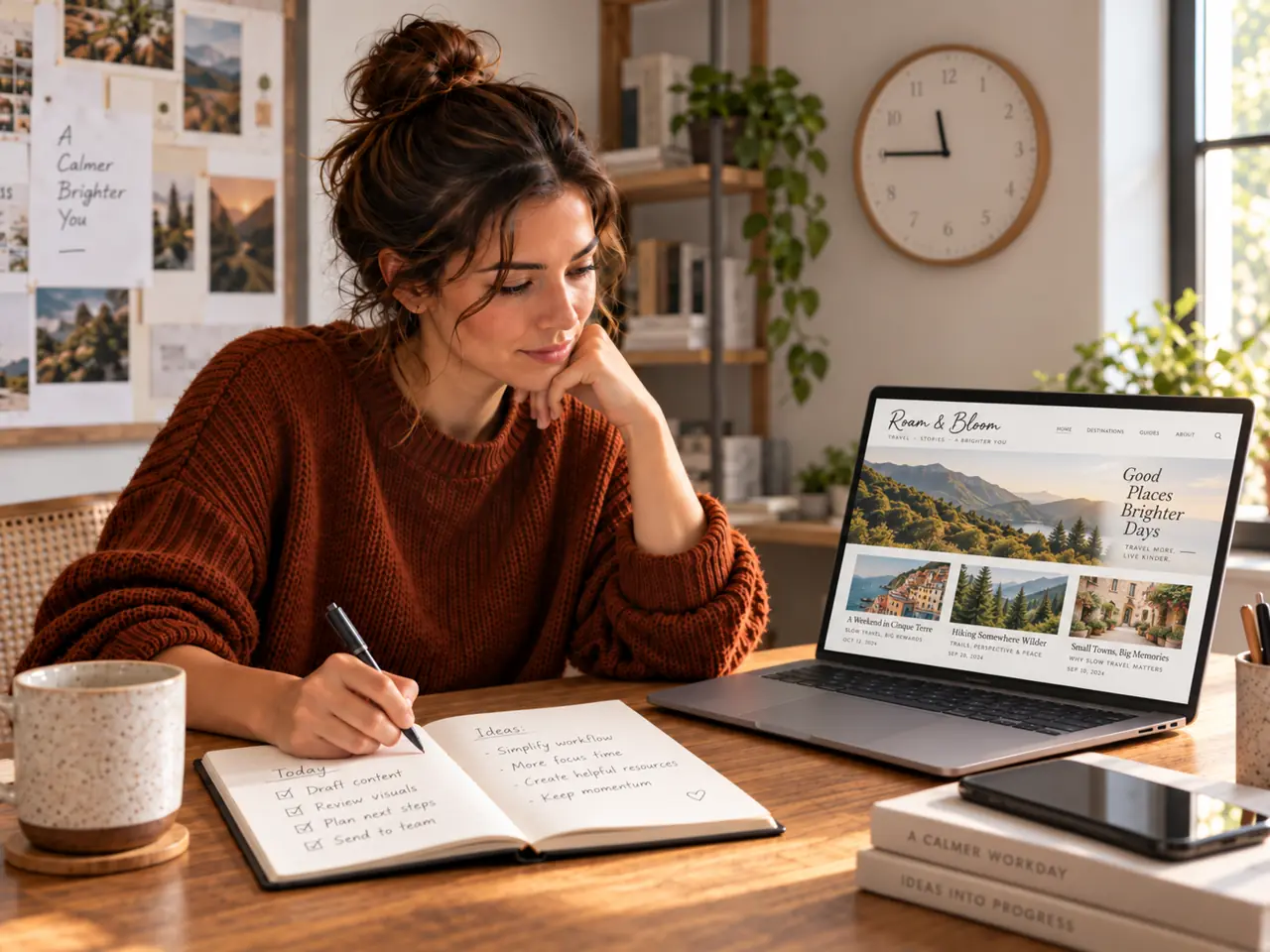 Travel blogger writing notes beside a laptop showing her travel website